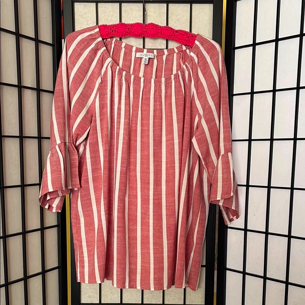 LOFT Red-White Striped Peasant Blouse
